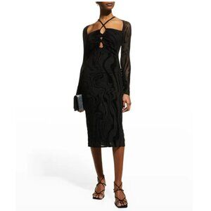 Rotate Birger Christensen Savica Wave Mesh Jacquard Keyhole Halter Midi Dress